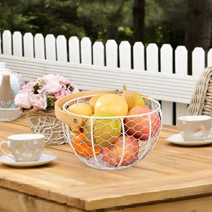 Farmhouse Wire Egg Basket for Gathering Fresh Eggs with Wooden Handle, Vintage Style Metal Egg Collecting Basket Countertop Storage Container Holder for Kitchen Decor and Fruit Bin (White)