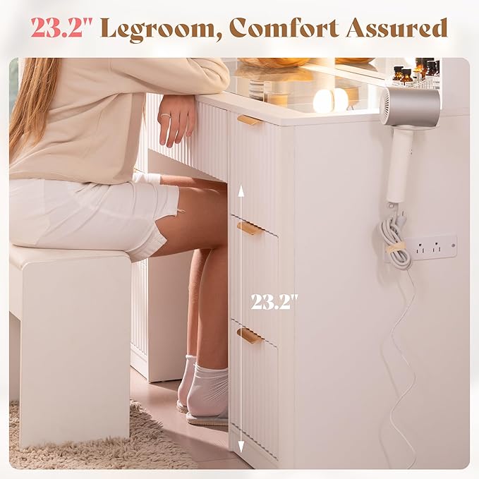 AMERLIFE 47.2" Fluted Vanity Desk with Large Mirror and Adjustable LED Lights, 7 Drawers Makeup Table with Glass Top and Charging Station for Women and Girls, Bedroom or Dorm, White