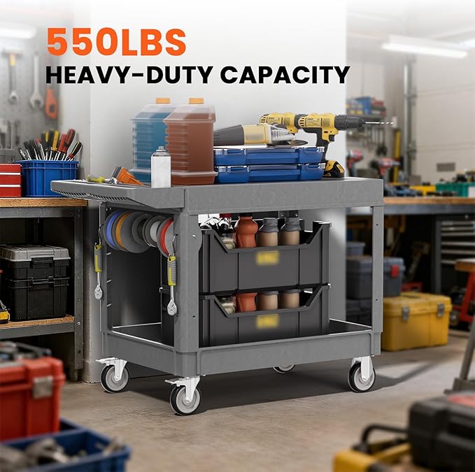 2 Tier Plastic Rolling Utility Cart on Wheels, Heavy Duty Tool Cart with Deep Shelves and 360° Swivel Wheels Holds up to 550 lbs, Service Cart for Garage, Warehouse, Cleaning (Grey-L-Flat Top)