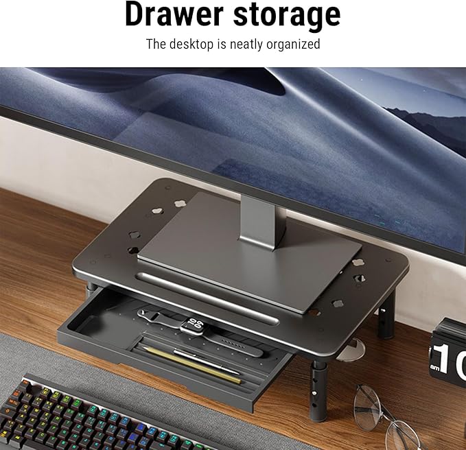 Denash Desktop Computer Riser Stand with Drawer, 3 Adjustable Height Metal Monitor Stand, 20KG Capacity Laptop Shelf for Workspace Organization (Black)