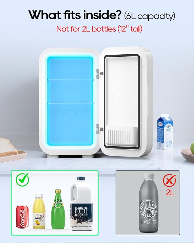 Mini Fridge,6 Liter / 8 Can Small Fridge for Bedroom, Car, Office & Dorm, 110V AC/DC Portable Thermoelectric Cooler & Warmer for Skincare, Food, Drinks, White