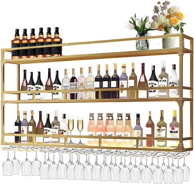 59in Wall Mounted Wine Rack, Wine Rack Wall Mounted With Wine Glass Rack, Metal Bar Bottle Display Shelf Wine Cups Hanging Holder, For Home Bar Cafe Dining Room Decoration (GOLD, 59*10*35.5IN)