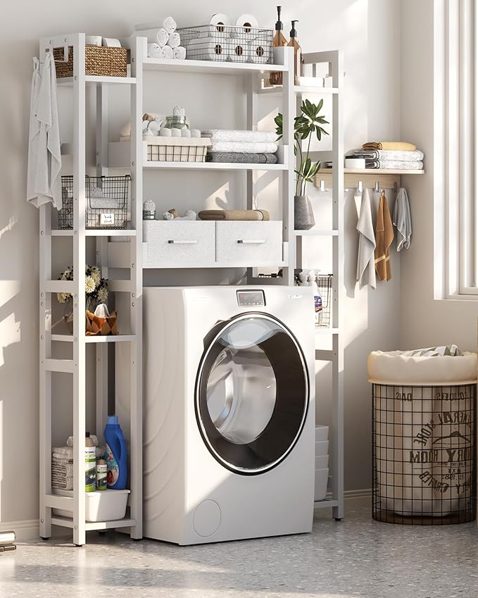 Over The Toilet Storage with 2 Drawers - 11 Tier Bathroom Organizer Freestanding Space Saver Storage Rack with Adjustable Shelf Above Toilet Stand with 4 Hooks for Restroom, Laundry, White