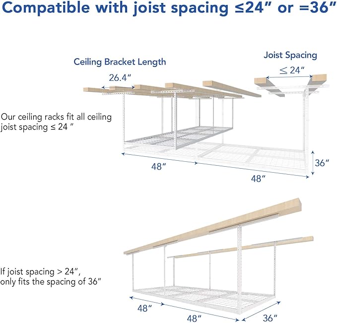 FLEXIMOUNTS 3x8 Overhead Garage Ceiling Storage Rack, Adjustable Garage Organization System, Heavy Duty Metal, 750lbs Weight Capacity, White, Classic Series