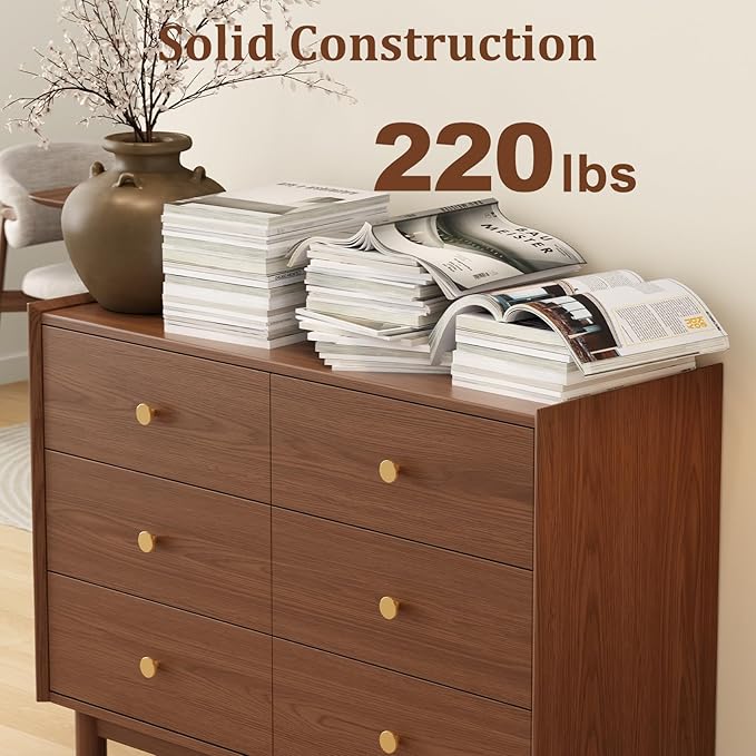 6 Drawer Dresser for Bedroom,41.2" W Wood Chest of Drawers with Large Storage Cabinet, Mid-Century Dressers for Closet Kitchen, Sideboard