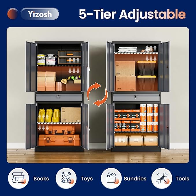 Yizosh Metal Garage Storage Cabinet with Locking Doors and Adjustable Shelves, 71" Steel Tool Storage Cabinet with 1 Drawer for Garage,Office,Warehouse (Gray Black)