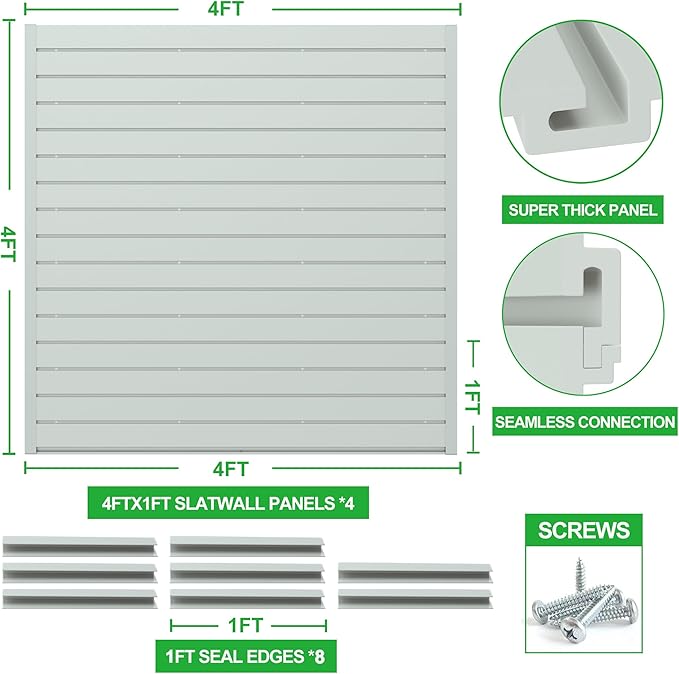 RELIANCER PVC Slat Wall Panels,4ft by 4ft (16 sqft) Garage Wall Organizer Storage System,Interlocking Slatwall Paneling Sheets,Workshop Slatwall Shelves Tools Organization,Wall Mounted Storage Rack