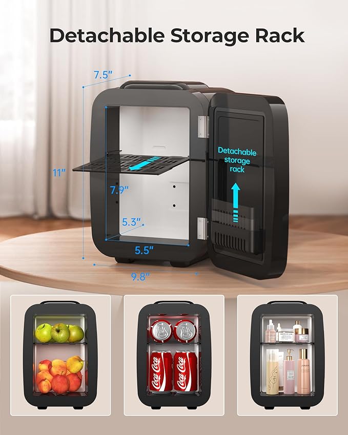 Mini Fridge, 4 Liter/6 Can Portable Refrigerator for Bedroom Office Dorm Car– Fast Cooling, Low Noise, 100-125V AC/5-12V USB Small Compact Refrigerator for Skincare, Food, Drinks(Black)