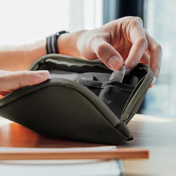 Olive Expandable Desk Storage Pouch – Fold-Down Access Panel, Pen Loop, Recycled Water-Resistant Material – Self-Standing Organizer for Office, Travel, Tech Gear