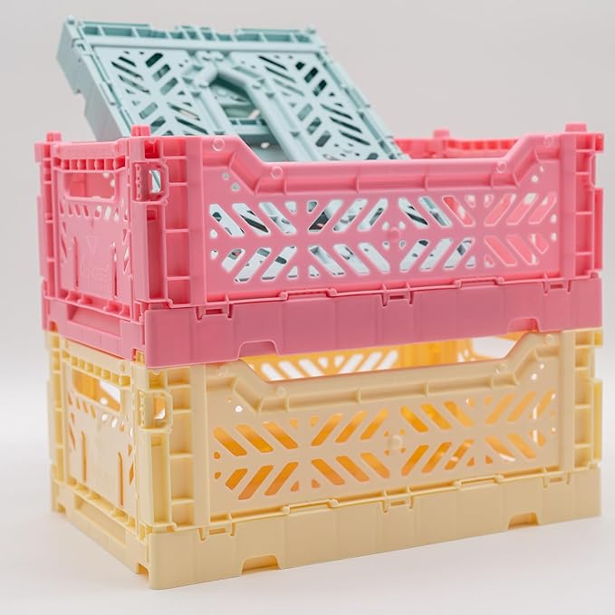 Collapsible Storage Box, Foldable Crate Organizer Bin with Handle, Stackable Crates for Home Organization (Pink-Blue-Cream, 4L - 3-Pack)