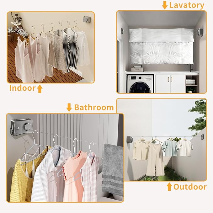 Retractable Clothesline Indoor & Outdoor, Non-Sagging Wall Mounted Drying Rack Clothesline, 16.7 Ft Stainless Steel Wire Single Clothes Lines, Hanging Clothes line for Balcony, Courtyards(Grey)