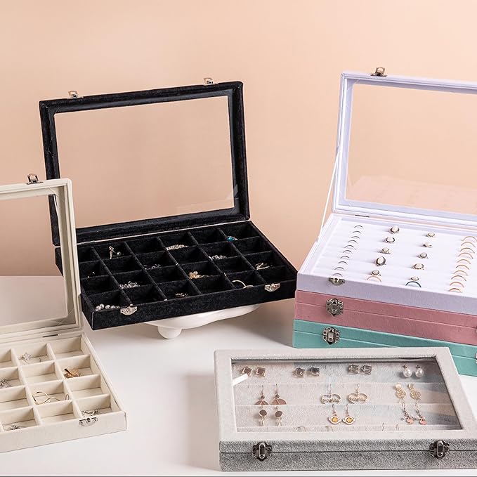 Frebeauty Rings/Earrings Organizer Tray with Clear Lid 10 Slots Velvet Drawer Insert Jewelry Storage box Transparent Glass lid Jewelry Display Case Showcase Gift for Girls Women (Turquoise, 10 Slots)
