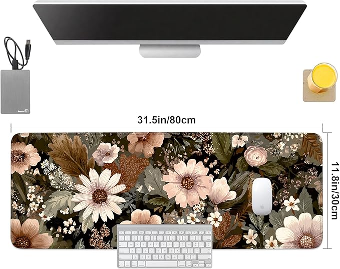 Vintage Beige Floral Mouse Pad – Large Extended Desk Mat 31.5 x 11.8 in– Neutral Retro Botanical Design, Non-Slip Rubber Base, Waterproof Surface, Oversized Keyboard & Mouse Pad for Office or Home