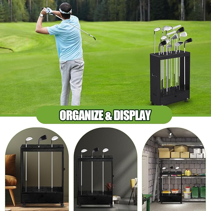 27 Hole Golf Club Stand Holder Wooden Golf Club Organizer Putter Display Rack with Storage Drawer and Wheel for Indoor Home Office Simulator Garage