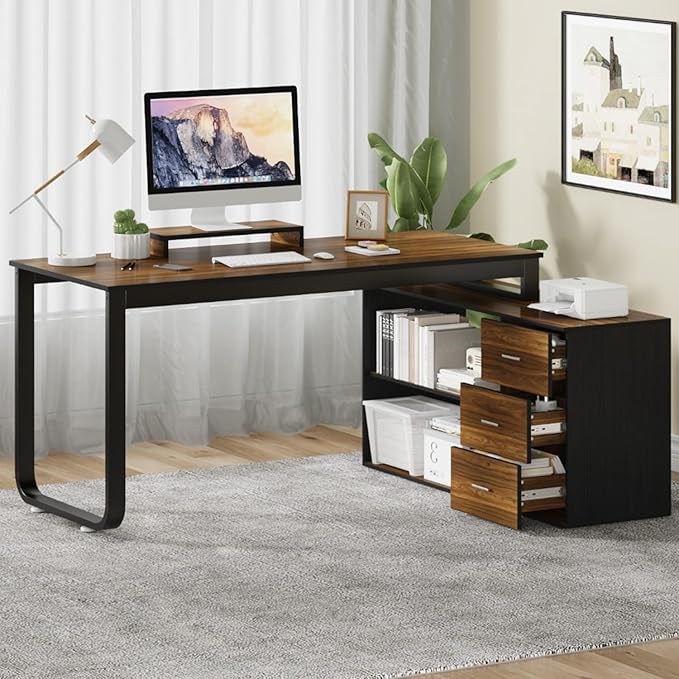 55 Inch L Shaped with Storage Shelves, Corner Computer Desk with Drawers, Home Office Desk with Removable Monitor Stand, Study Desk for Kids, Black