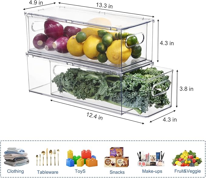 Fridge Drawer Pull Out Stackable Bins, Clear Refrigerator Stackable Organizers, Fridge Organizer Storage for Kitchen, Pantry, Vegetables, Fruits (2 Small)