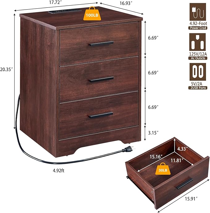 LIDYUK Dresser for Bedroom, Wood Dresser with 3 Drawers, Modern Minimalist Dressers & Chests of Drawers, 21 Inches Side Table Nightstand with Charging Station for Bedroom, Dark Cherry