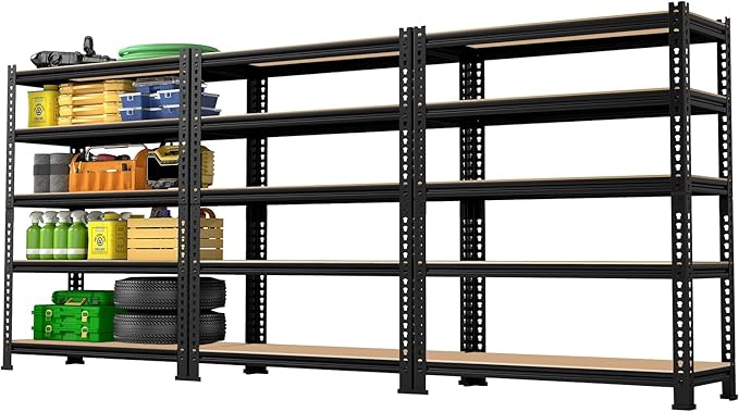 5-Tier Metal Storage Shelves: Heavy Duty Garage Shelving Adjustable Shelves for Storage - Black Utility Rack Shelf for Pantry, Warehouse, Office, Kitchen, 28" W x 12" D x 59" H, 3PCS