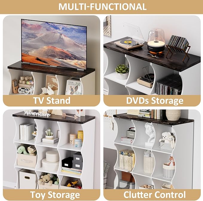 9 Cube Storage Shelf Organizer, Low Book Shelf Bookcase Entryway Table, Wood Closet Storage Display Cabinet TV Stand for Living Room, Office,Bedroom, Dorm, White with Dark Brown Top