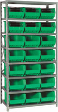 Quantum Storage Systems QSBU-255GN Giant Open Hopper Steel Shelving System, 18" D x 36" W x 75" H, with 8 Shelves and 21 QUS255 Bins, Green