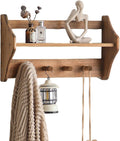 100% Solid Wood Wall Hooks with Shelf, Rustic Coat Rack with Shelf Wall-Mounted, Farmhouse Decor Shelves with 4 Hooks for Clothes Hats Towel Purse Robes, Bathroom Mudroom Bedroom, Entryway