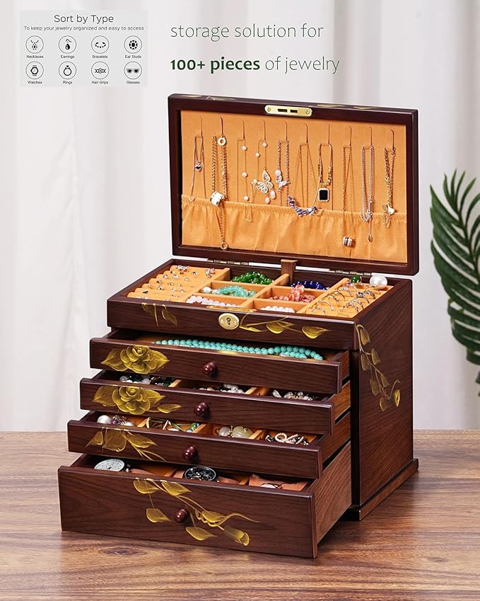 Hand-drawn rose Jewelry Box Wood for Wowen,6-Layer Wooden Jewelry Organizer Boxes with 4 Drawers dresser, Vintage Multi-functional Jewelry Storage Case with lock