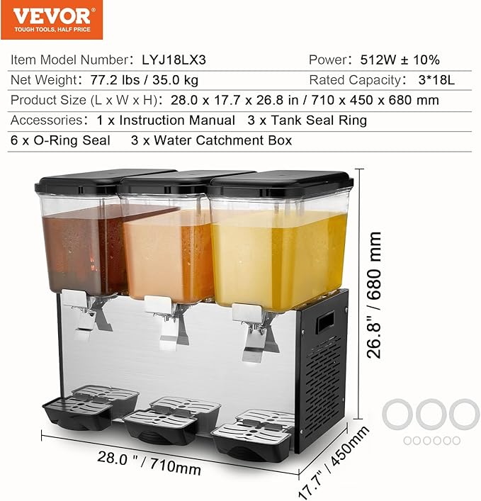 VEVOR Commercial Beverage Dispenser, 3 Tanks 18 L / 19 QT Per Tank Juice Dispenser, 512W Stainless Steel Ice Tea Drink Machine with 45°F-54°F Cooling Temperature, for Cold Drink Restaurant Bar Party