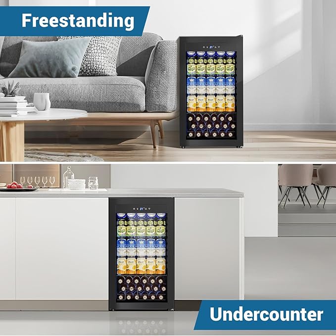 Mini Fridge 3.2 Cu.Ft Small Beverage Refrigerator 126 Can Lockable Drink Cooler with Glass Door, Safety Lock, for Beer Soda Black