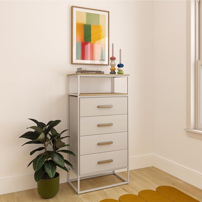 tinge Zana Premium Fabric Dresser - Strong Metal Frame, 4 Spacious Sag-Proof Drawers & Sturdy Wooden Top Shelf - Premium, Sleek & Durable Storage Solution for Your Home (Beige)