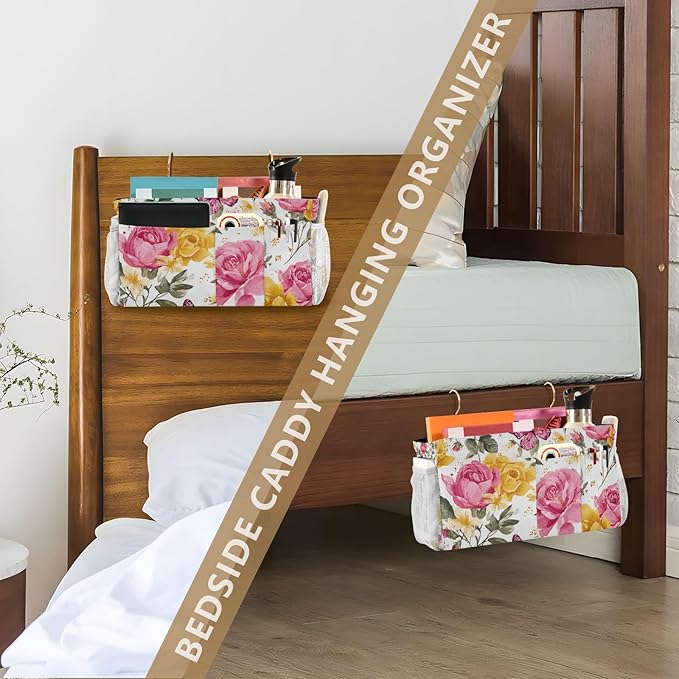 Pink Yellow Roses and Butterflies Bedside Caddy for Dorm Bed Bedside Hanging Caddy Bag Iron Frame Storage Organizer Pocket for Bunk Home College Hospital Beds 2 Hooks