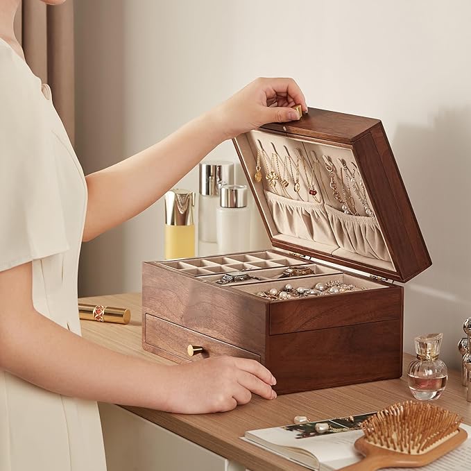 CHOSIN Black Walnut Wooden Jewelry Box for Women, 3 Level Multi-functional Drawer Organizer Box Watch Necklace Ring Earring Storage