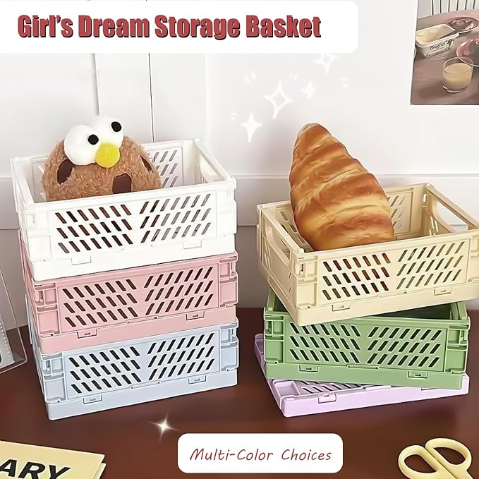 Pastel Plastic Storage Baskets 2 Pack, Collapsible Crates for Organizing, Space-Saving Bins for Kitchen, Office, Bedroom (Purple, Medium:9.8" x 6.5" x 3.8")
