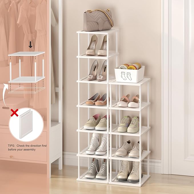 Bamboo Free Standing Shoe Rack Shelf Multi Tier Tall Wooden Stackable Shoes Rack Organizer for Closet Front Door Entrance Narrow Vertical Shoe Storage Rack for Corner Stand (White, 12 Tiers)