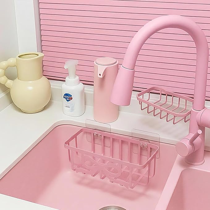 Pink Bow Sponge Holder for Kitchen Sink with Adhesive Mount Cute Bow Metal Sink Decorative In-sink Sponge Holder Organizer Coquette Preppy Pink Kitchen Decor Accessories