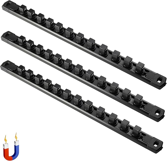ALOANES 3-Piece Magnetic Socket Organizer, Heavy Duty Aluminum Socket Rails Organizer, 360° Swivel Clips Socket Holder Kit for Tool Box, 1/2-Inch Socket Holder x 36 Clips (Black)