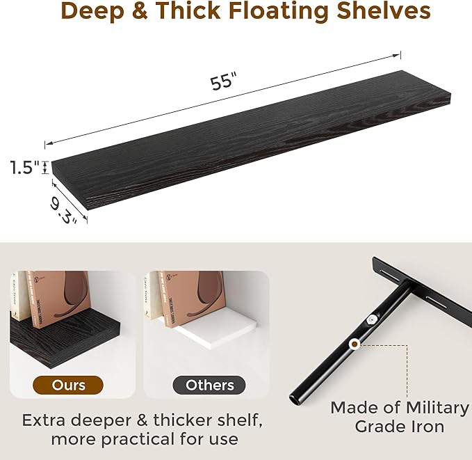 Fun Memories Black 55Inch Floating Shelves for Wall 2 Pack Shelves for Bedroom|Kitchen|Bathroom Wall Mounted Rustic Wood Floating Shelf with Invisible Brackets for Books|Storage|Decor