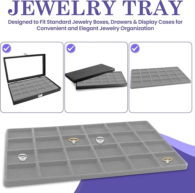 Novel Box 5 Pack 24-Slot Gray Liner Jewelry Storage Tray Inserts 14.75x8.25x1 Inches - Jewelry Organizer Pad for Drawers & Store Displays - Jewelry Display Pads for Rings Earrings & Pendants