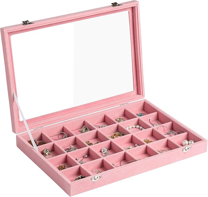 Frebeauty Jewelry Organizer Tray with Clear Lid 24 Grid Velvet Drawer Insert Jewelry Storage box with Transparent Glass lid Jewelry Display Case with Lock Gifts for Girls Women (Pink, 24 Grid)