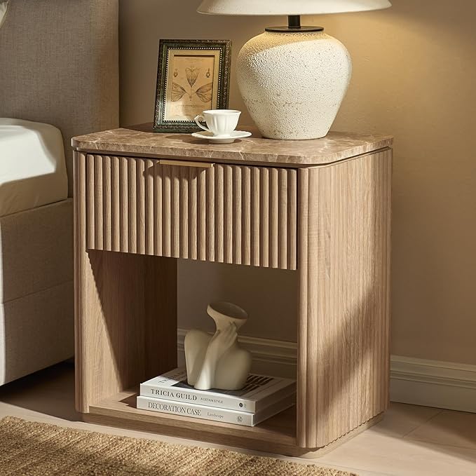 Fluted Nightstand with Drawer, Bedside Table with Faux Marble-Top, Engineered Wood Side Table with Open Shelf, Curved Corners, Metal Handle, Modern Night Stand for Bedroom, Small Spaces, Natural Oak