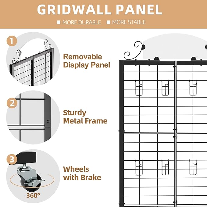 Urban Deco Grid Wall Panel Display Stand, 2.2' x 6.2' FT Gridwall Panel with Extra 8 Hooks, Craft Show Display Rack Black Metal Grids Standing Wire Rack for Retail Merchandise