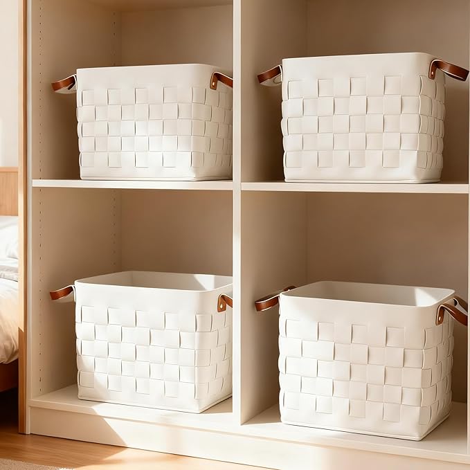 boldmonkey Storage Basket 3 Pack, 13" x13" x13 Large Blanket Baskets with Leather Handle, Cube Felt Fabric Storage Box for Shelves, Bedroom, Nursery, Living Room - Beige