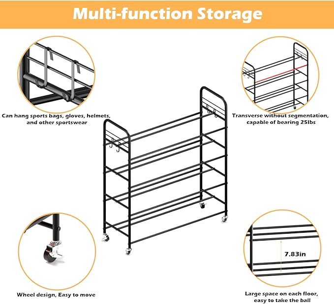 Ball Storage - Basketball Cart With Wheels Garage Volleyball Storage Sport Equipment Holder Organizer For Indoor Outdoor,Metal Storage Rack For Playgroup,Gym And School