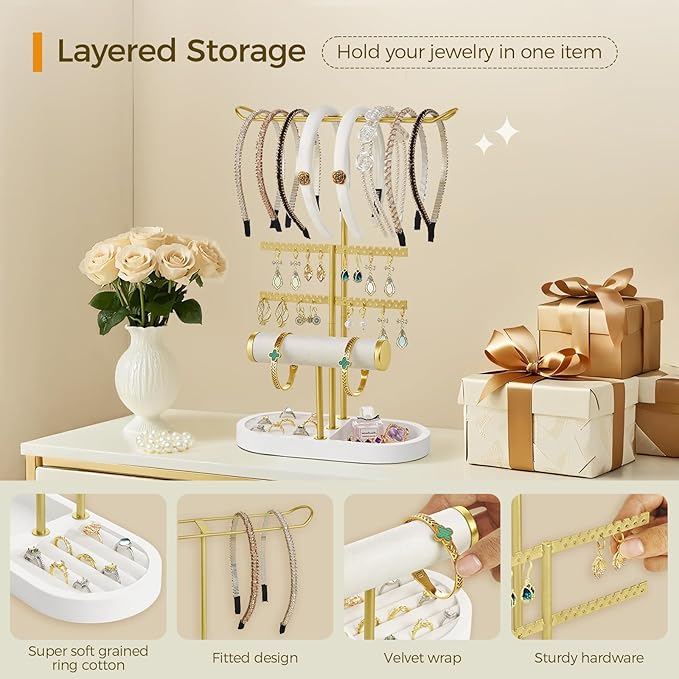 3 Tiers Jewelry Organizer, Earring Holder Organizer with 80 Holes, T-Bar Beige Velvet Bracelet Holder for HeadBands, Earrings, Bracelets, Rings Jewelry Holder Organizer- White Gold