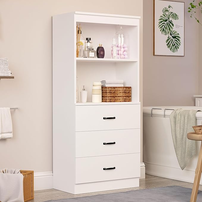 oneinmil 55.5" H 5-Tier Bookshelf with 3 Drawers, White Bookcase with 2-Tier Open Shelves, Tall Book Shelf with Storage Space, Wooden Storage Cabinet for Living Room, Bedroom, Office