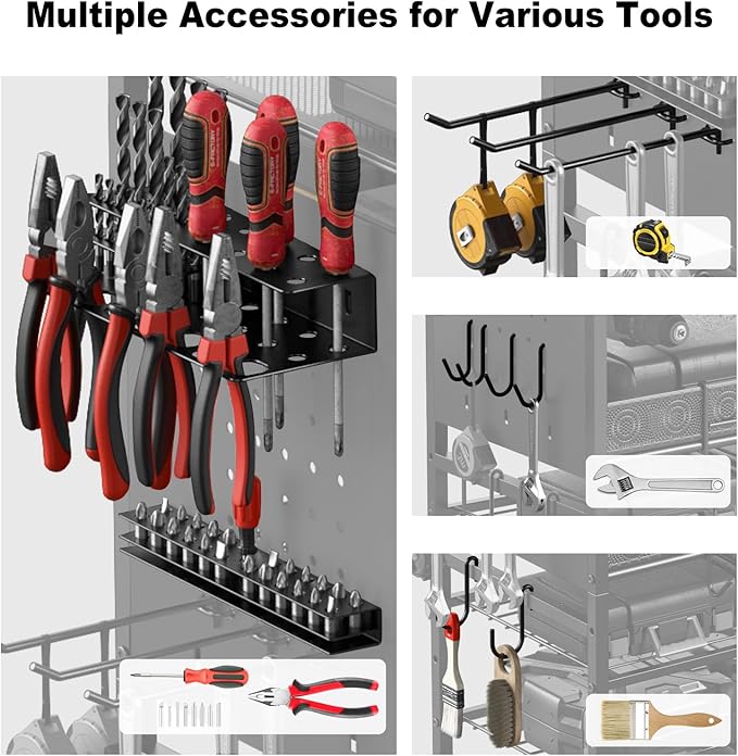 JUNNUJ Power Tool Organizer Floor Stand with Charging Station, Garage Adjustable Storage Rack Utility Tool Shelf with 8 Outlet Power Strip, Heavy Duty Drill and Battery Holder, Yellow