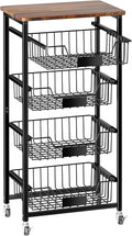 Fruit Basket, 5-Tier Utility Kitchen Organizer and Storage Cart with Pull-Out Baskets and Wood Top, Rolling Pantry Kitchen Cart on Wheels for Fruit Potato Onion Vegetable Snack Produce