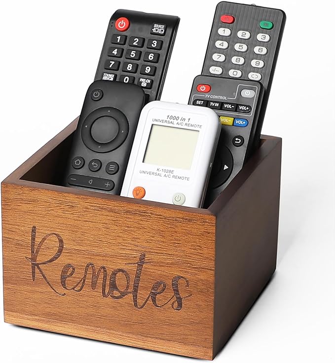 Acacia Wood Remote Control Holder Caddy, TV Organizer for Table, Vintage Farmhouse Desk Caddy (Brown for 3+ Controls)