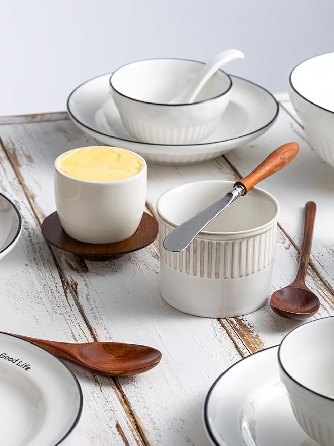 Ceramic Butter Dish With Lid, Butter Crock for Countertop, French Butter Keeper Holder for Spreadable Butter, Classic Stripe, Cream White
