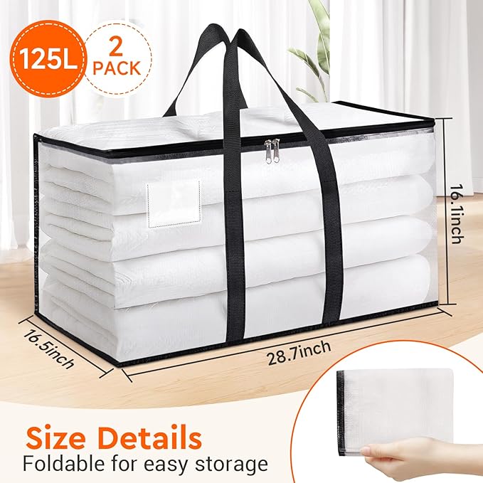 BlissTotes Moving Bags, 2-Pack Storage Bags, Moving Bags Heavy Duty Extra Large, Moving Totes, Clear moving Bags, Reinforced Handles & Tag Pocket, Christmas Totes (125L)