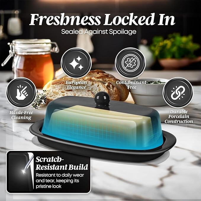 Flexzion Ceramic Black European Butter Dish with Lid for Countertop (7 Inch) - 1 Stick Butter Holder for Counter, Cream Cheese Container Storage Keeper